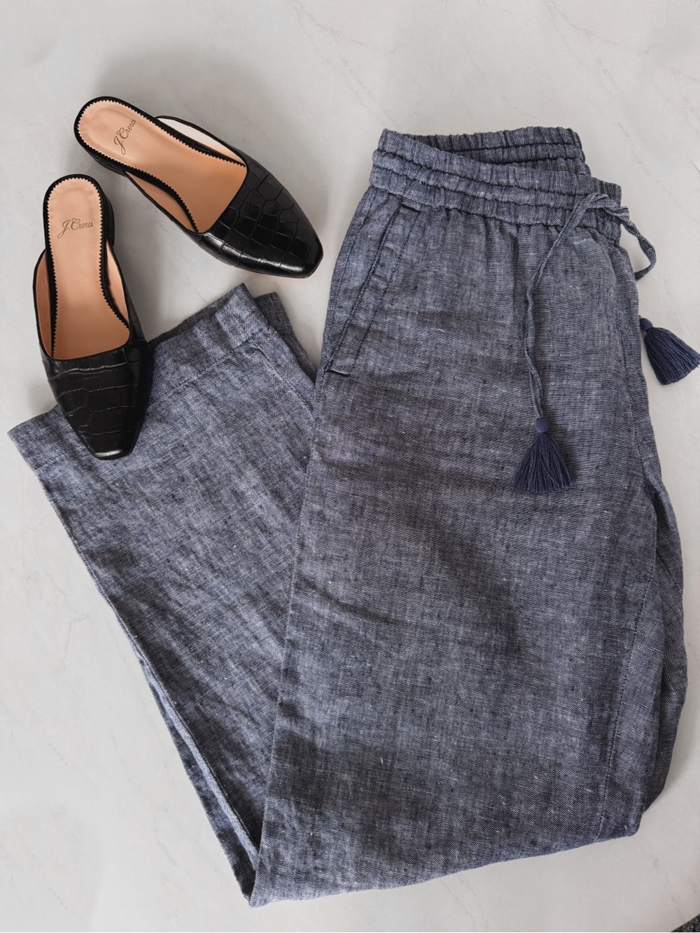 Talbots 100% Linen Wide Leg Pants 4P Navy Blue Drawstring Elastic Waist Petite